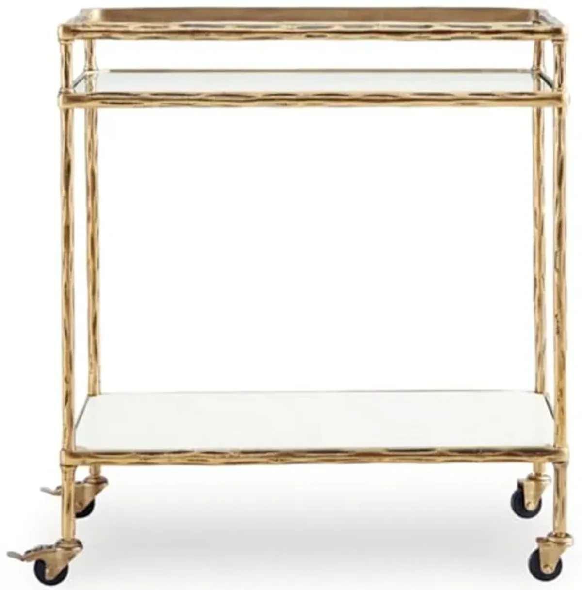 Signature Design by Ashley Plattfield Casual Antiqued 2-Tier Bar Cart with Casters, for Kitchen and Dining Room, Metallic & White