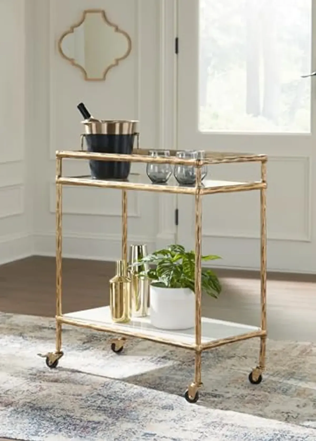 Signature Design by Ashley Plattfield Casual Antiqued 2-Tier Bar Cart with Casters, for Kitchen and Dining Room, Metallic & White