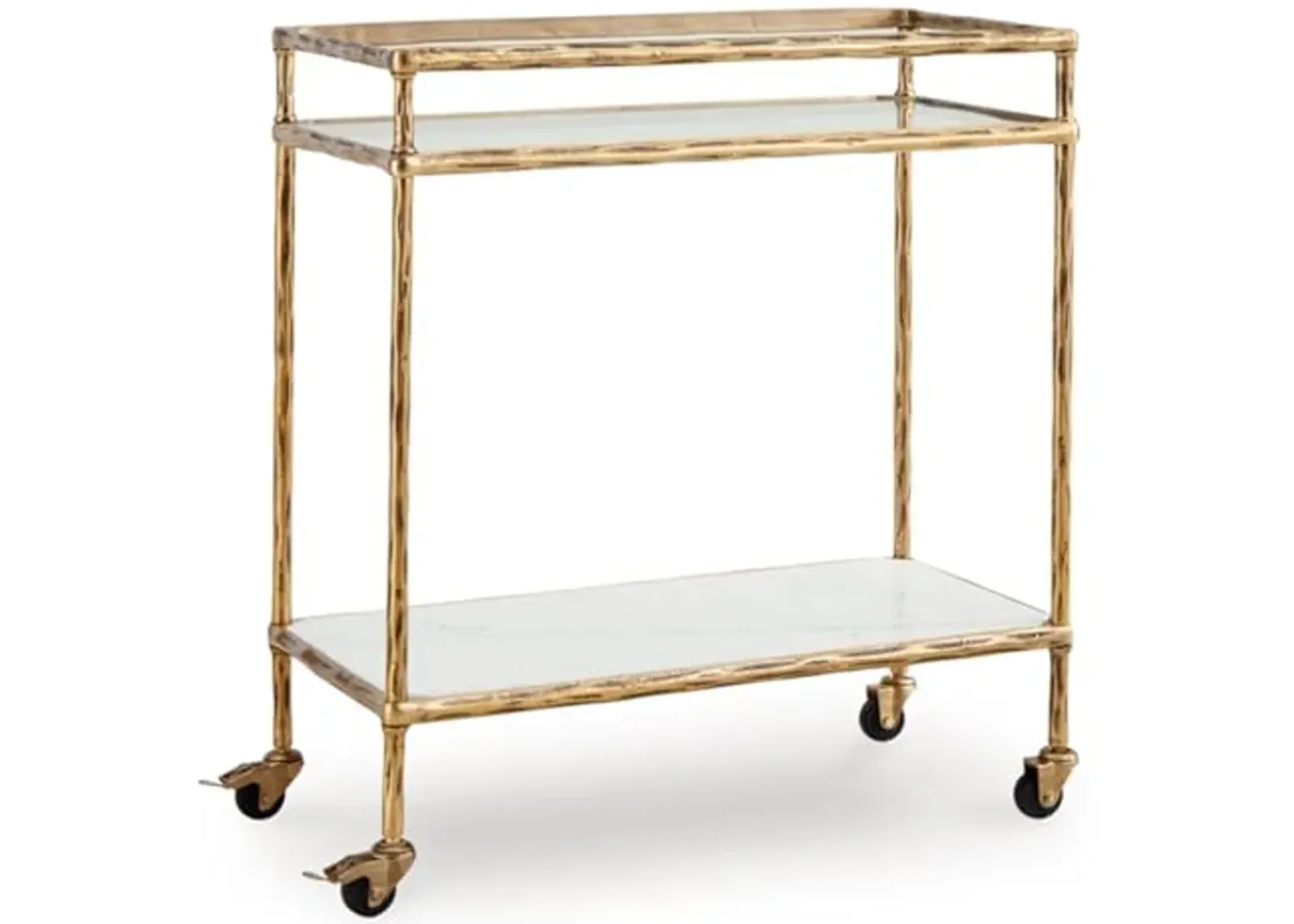 Signature Design by Ashley Plattfield Casual Antiqued 2-Tier Bar Cart with Casters, for Kitchen and Dining Room, Metallic & White