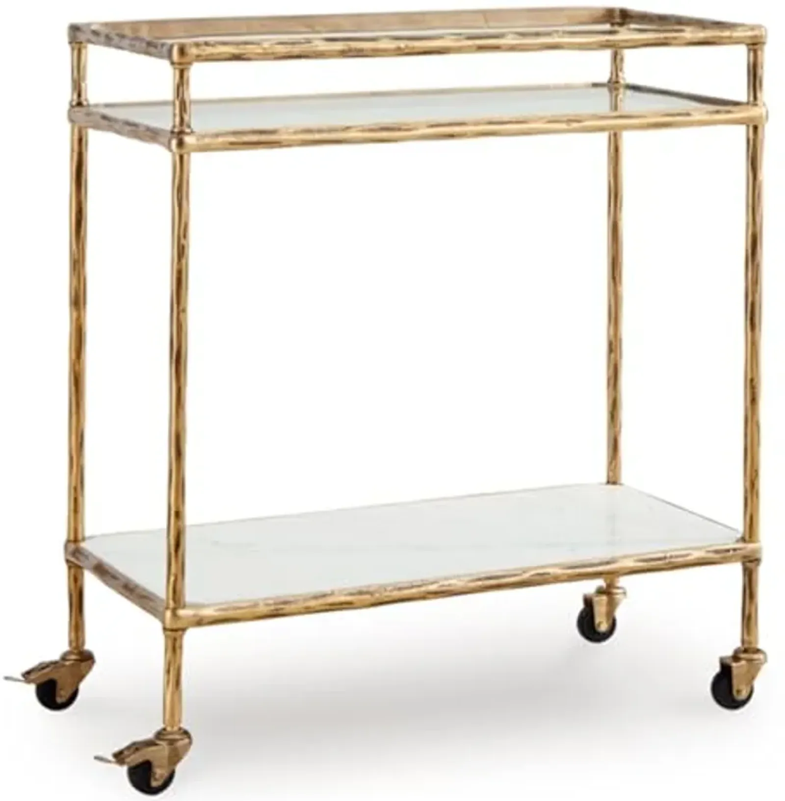 Signature Design by Ashley Plattfield Casual Antiqued 2-Tier Bar Cart with Casters, for Kitchen and Dining Room, Metallic & White