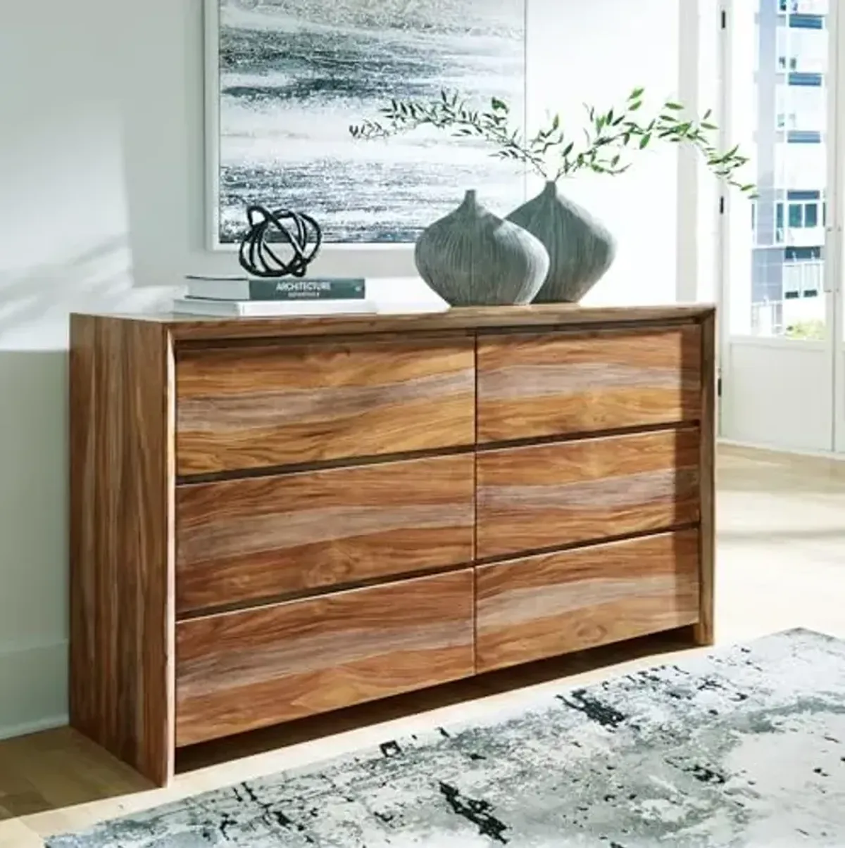 Signature Design by Ashley Dressonni Farmhouse 6-Drawer Dresser with Beveled Edge and Felt Lining, Light Brown