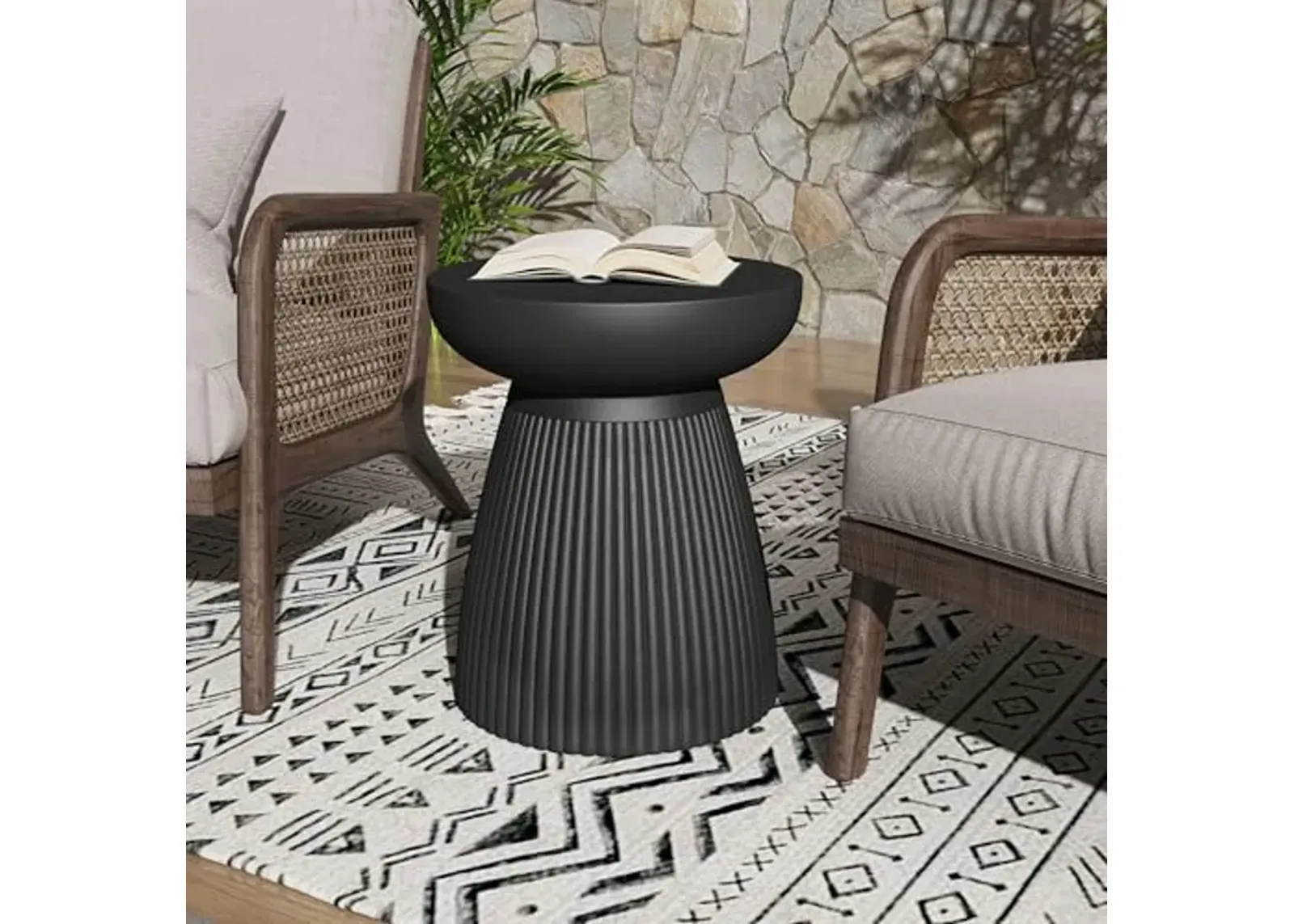 Christopher Knight Home Round Side Table, Outdoor Concrete End Table, Vertical Texture Accent Table, Decorative Side Table, Stylish End Table for Patio Balcony Beach Pool Side, Matte Black