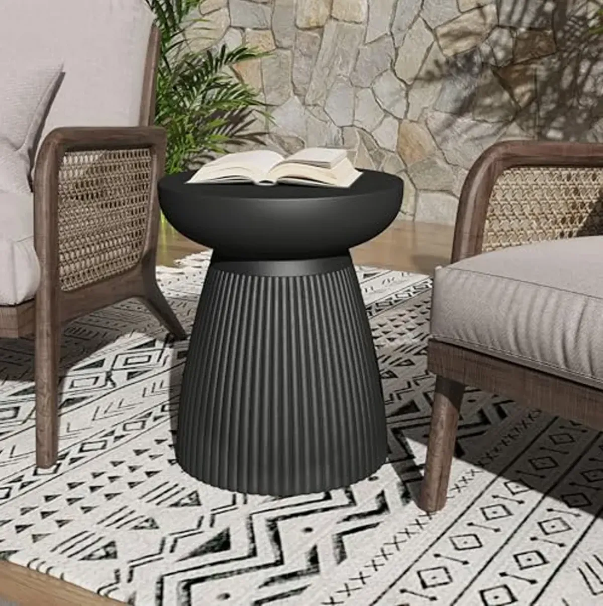 Christopher Knight Home Round Side Table, Outdoor Concrete End Table, Vertical Texture Accent Table, Decorative Side Table, Stylish End Table for Patio Balcony Beach Pool Side, Matte Black