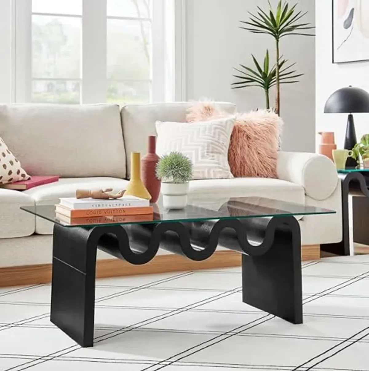 Modway Ondine Glass and Wood Coffee Table in Black