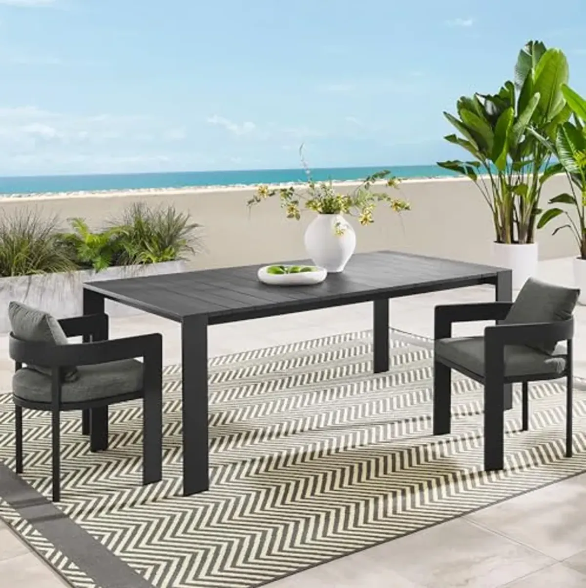 Modway Tahoe Outdoor Patio Powder-Coated Aluminum Rectangular Dining Table in Gray - Large 83 Inch Patio Table with Umbrella Hole and Cover - 8 Person Dining Table - Slatted Patio Furniture Table