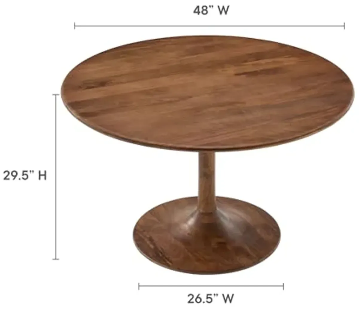 Modway Lippa 48 Inch Round Wood Dining Table in Walnut – Solid Mango Wood Tabletop with Pedestal Base - Mid Century Modern Dining Room Furniture - Kitchen Table for 4-6 Person