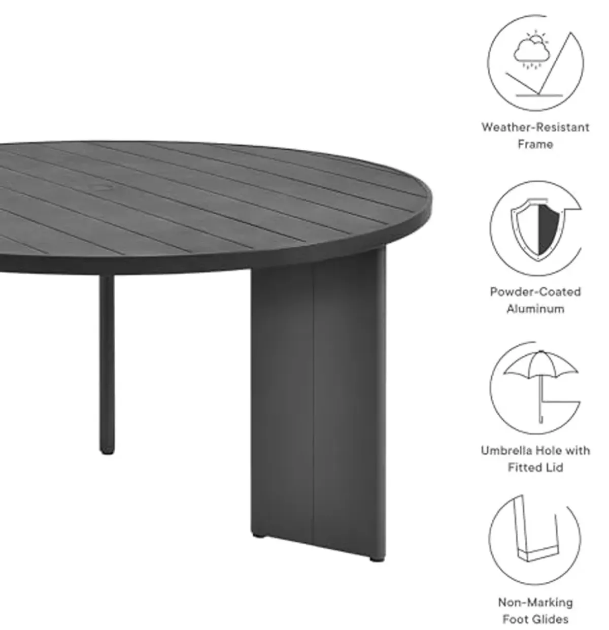 Modway Tahoe Outdoor Patio Powder-Coated Aluminum Round Dining Table in Gray - 59 Inch Patio Table with Umbrella Hole and Cover - 4 Person Dining Table - Slatted Patio Furniture Table