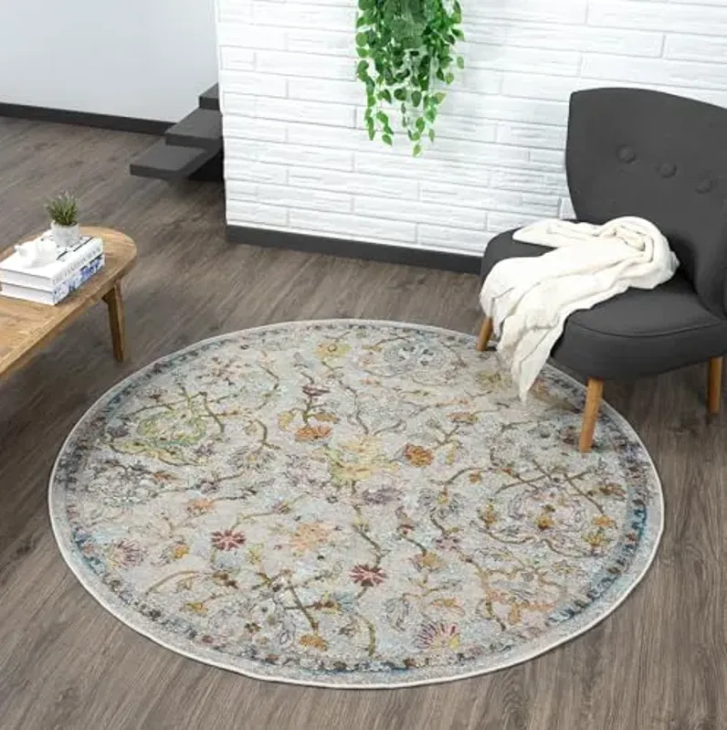 LR Home Indoor 8ft Round Area Rugs for Home Décor | Turkish Rugs for Living Room, Bedroom, Playroom, Entryway, Office | Classic Floral Farmhouse Boho Area Rug for Room Décor | Multicolor