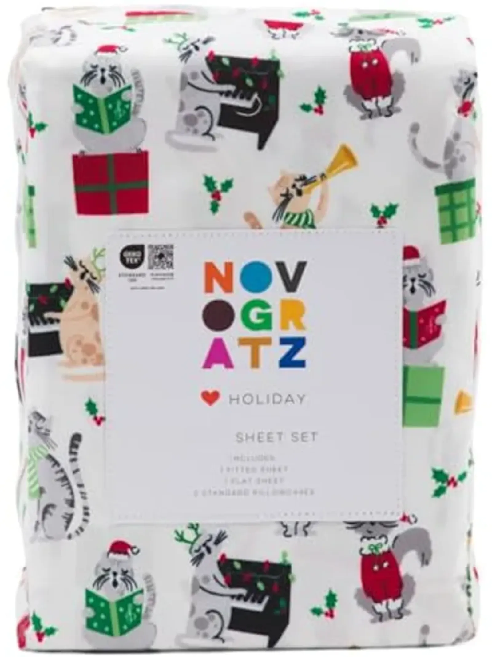 Novogratz Winter Christmas Sheet Set (Cats Caroling, King)