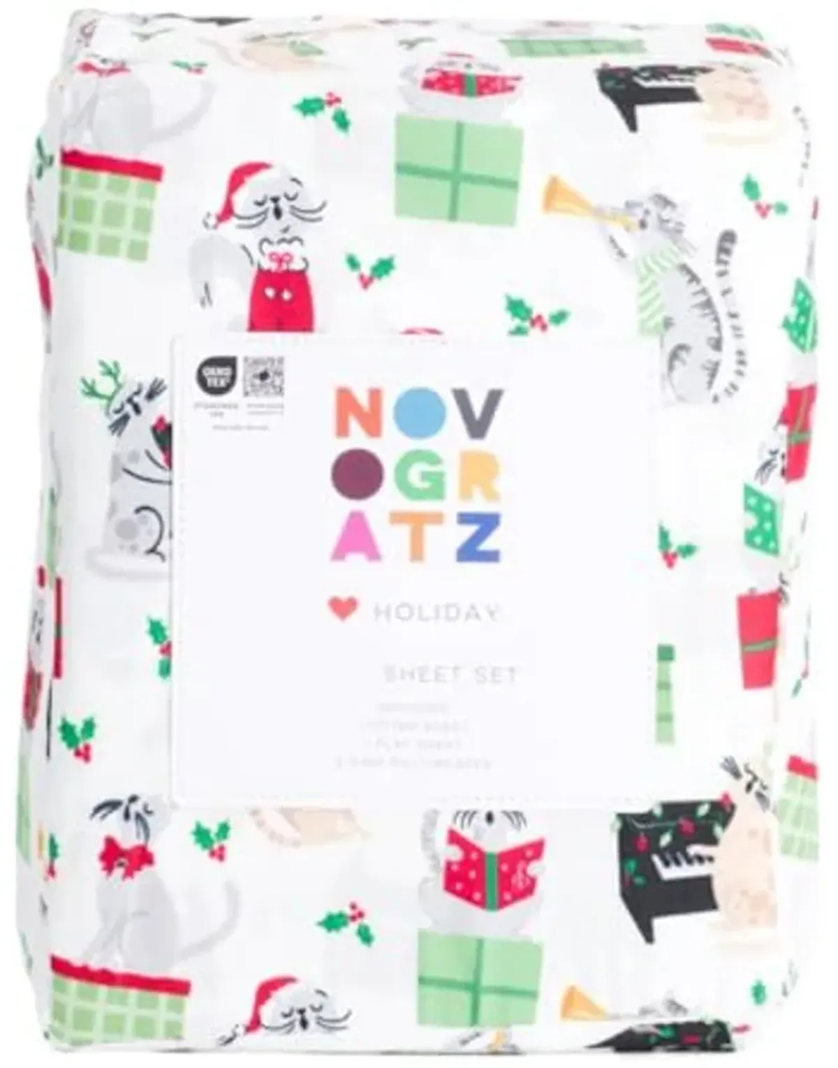 Novogratz Winter Christmas Sheet Set (Cats Caroling, Queen)