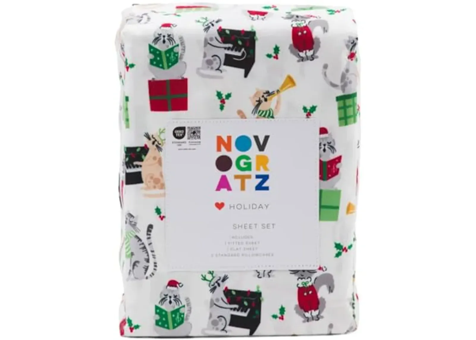 Novogratz Winter Christmas Sheet Set (Cats Caroling, Queen)