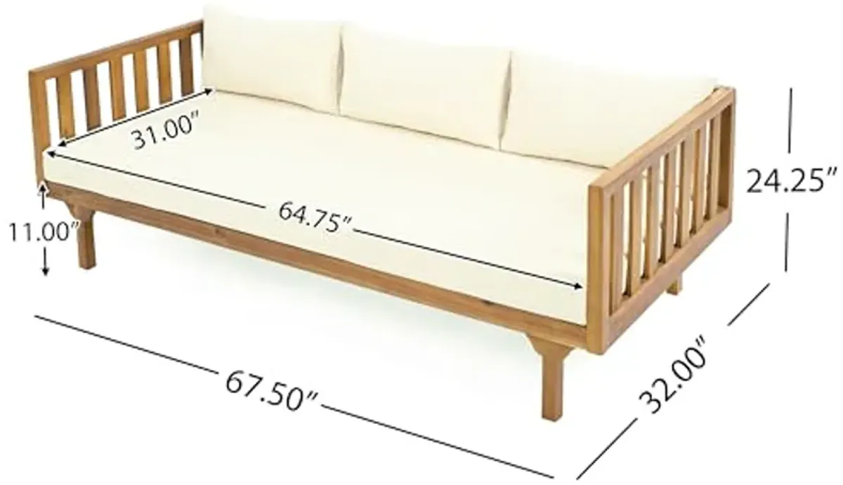 Christopher Knight Home Claremont Outdoor 3 Seater Acacia Wood Daybed with Fabric Water Resistant and Removable Cushions, Patio Garden Poolside Sofa with Slat Paneling Armrest and Back, Teak and Beige