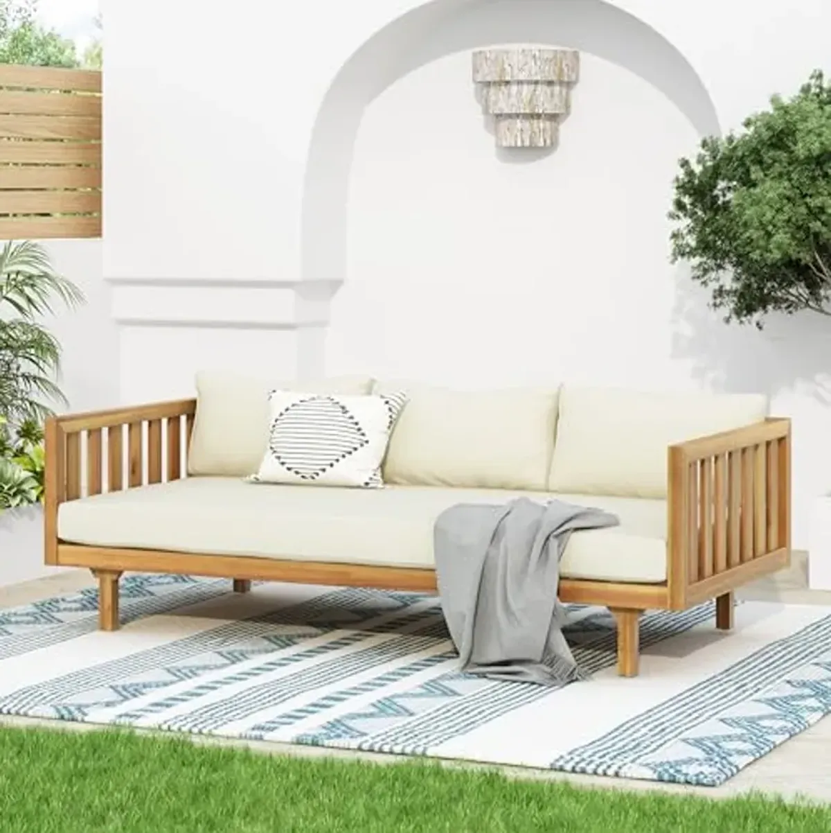 Christopher Knight Home Claremont Outdoor 3 Seater Acacia Wood Daybed with Fabric Water Resistant and Removable Cushions, Patio Garden Poolside Sofa with Slat Paneling Armrest and Back, Teak and Beige