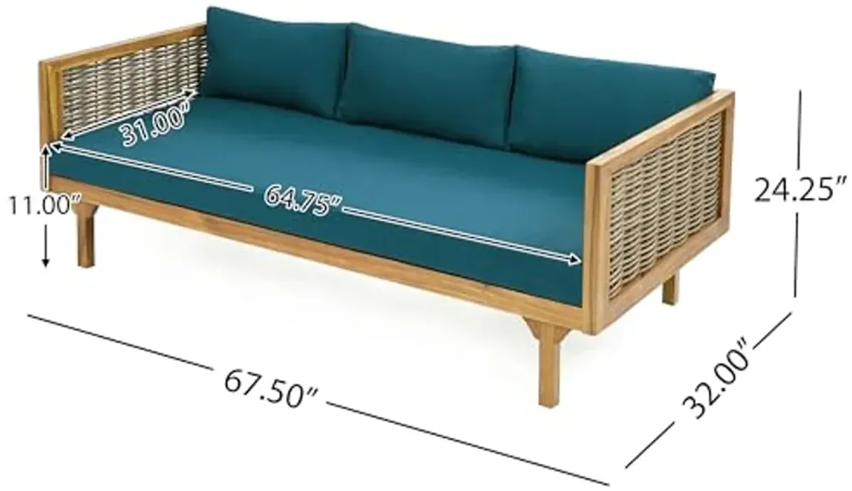 Christopher Knight Home Outdoor 3 Seater Acacia Wood Daybed with Fabric Water Resistant and Removable Cushions, Patio Garden Sofa with Wicker Armrest and Slat Paneling Back, Teak and Dark Teal