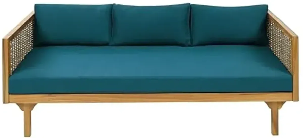 Christopher Knight Home Outdoor 3 Seater Acacia Wood Daybed with Fabric Water Resistant and Removable Cushions, Patio Garden Sofa with Wicker Armrest and Slat Paneling Back, Teak and Dark Teal