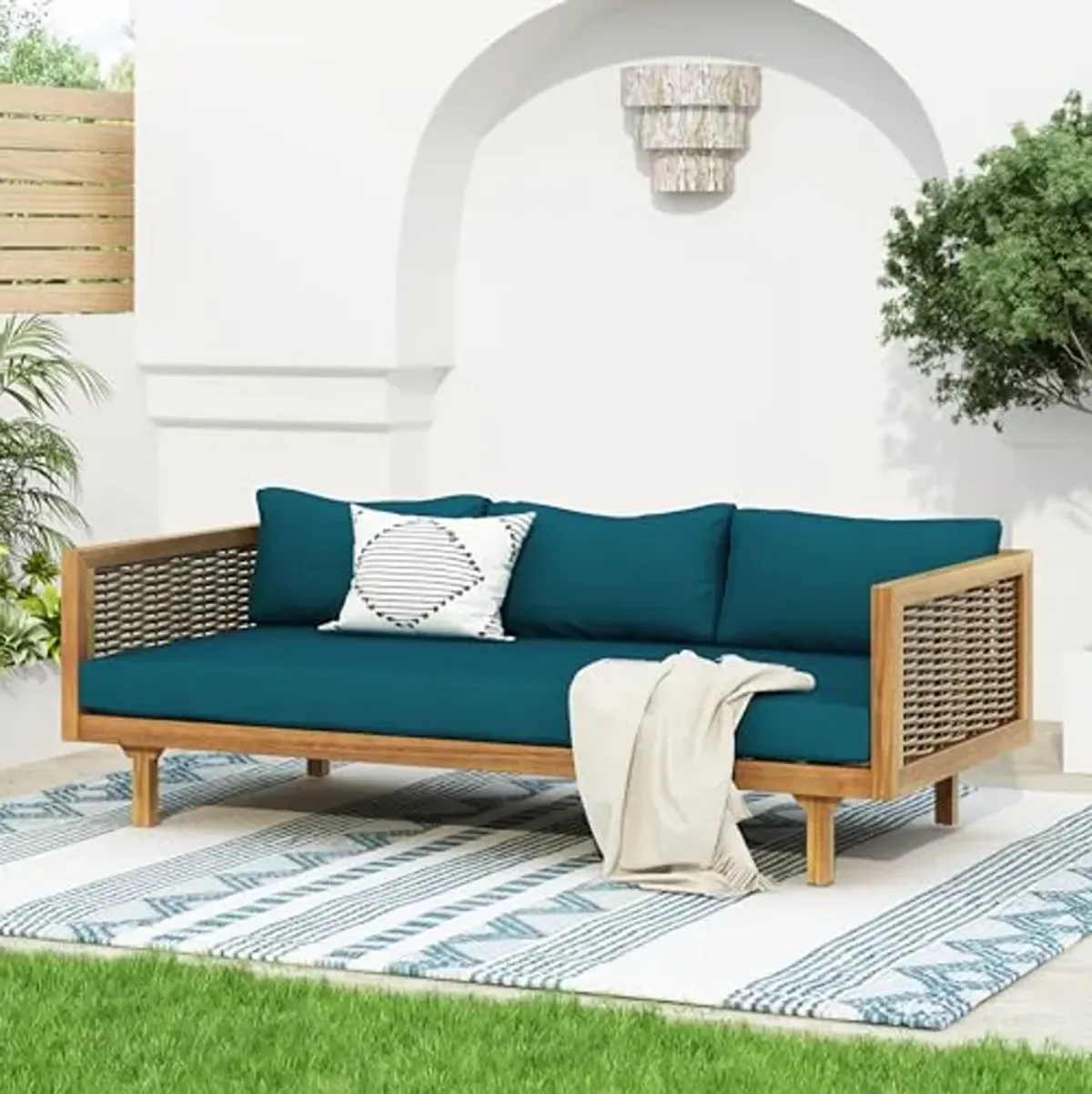 Christopher Knight Home Outdoor 3 Seater Acacia Wood Daybed with Fabric Water Resistant and Removable Cushions, Patio Garden Sofa with Wicker Armrest and Slat Paneling Back, Teak and Dark Teal