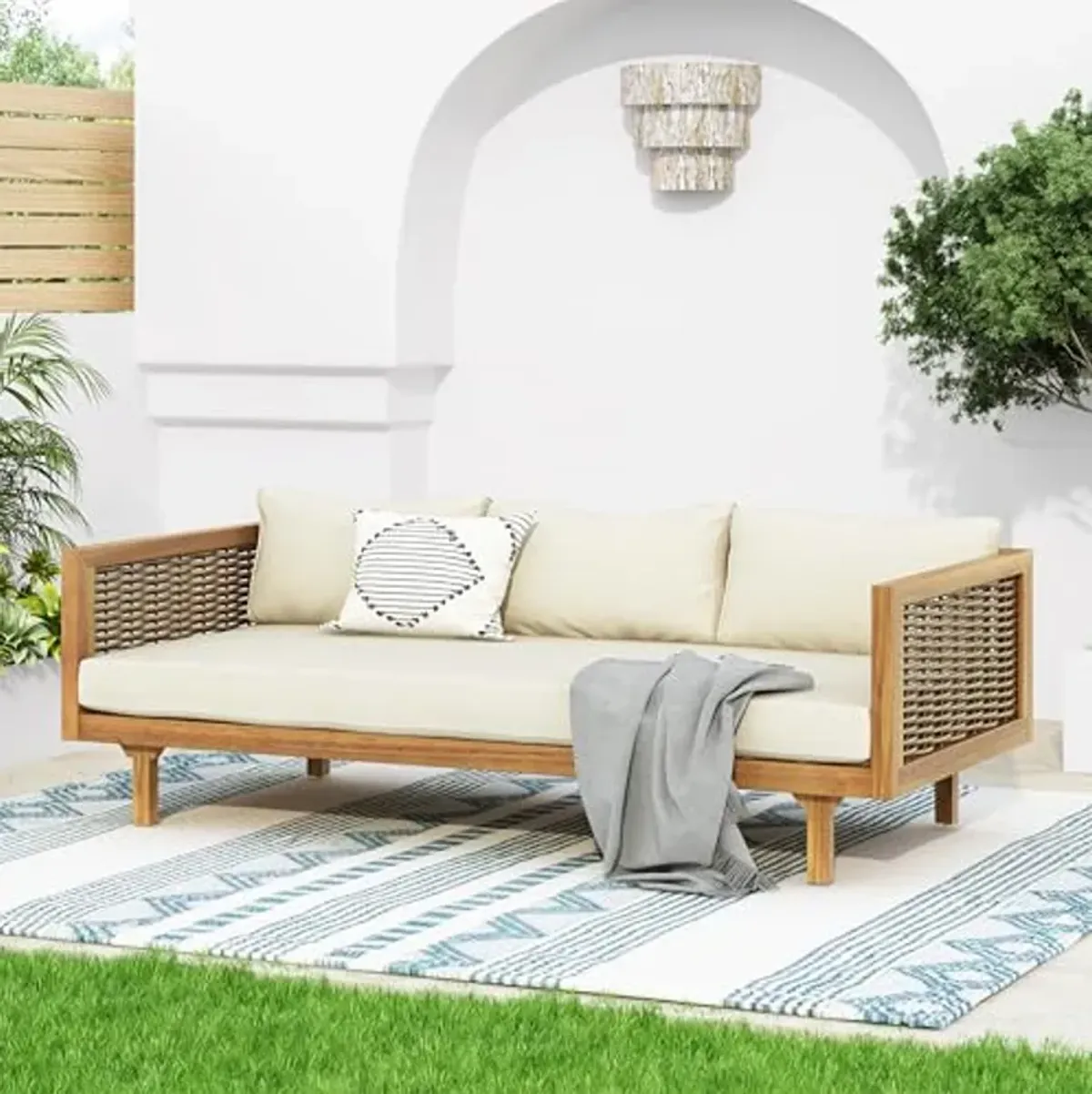 Christopher Knight Home Outdoor 3 Seater Acacia Wood Daybed with Fabric Water Resistant and Removable Cushions, Patio Garden Poolside Sofa with Wicker Armrest and Slat Paneling Back, Teak and Beige