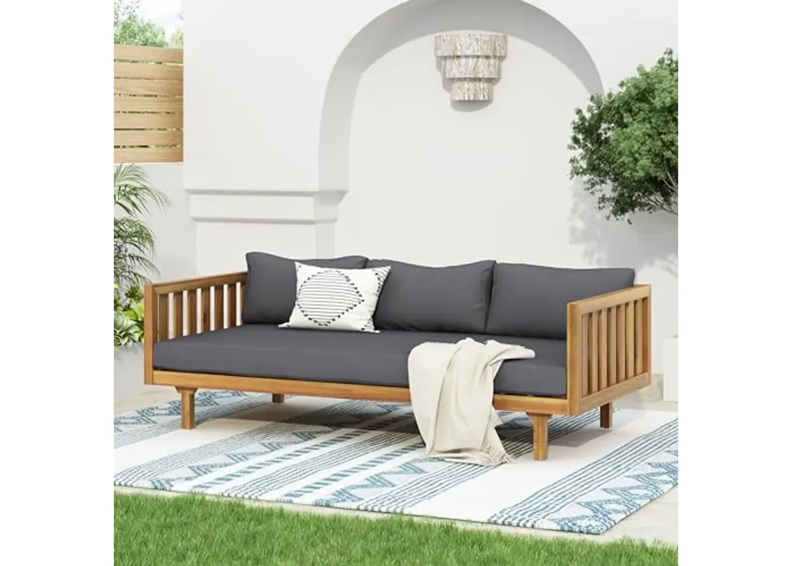 Christopher Knight Home Claremont Outdoor 3 Seater Acacia Wood Daybed with Fabric Water Resistant and Removable Cushions, Patio Garden Sofa with Slat Paneling Armrest and Back, Teak and Dark Grey