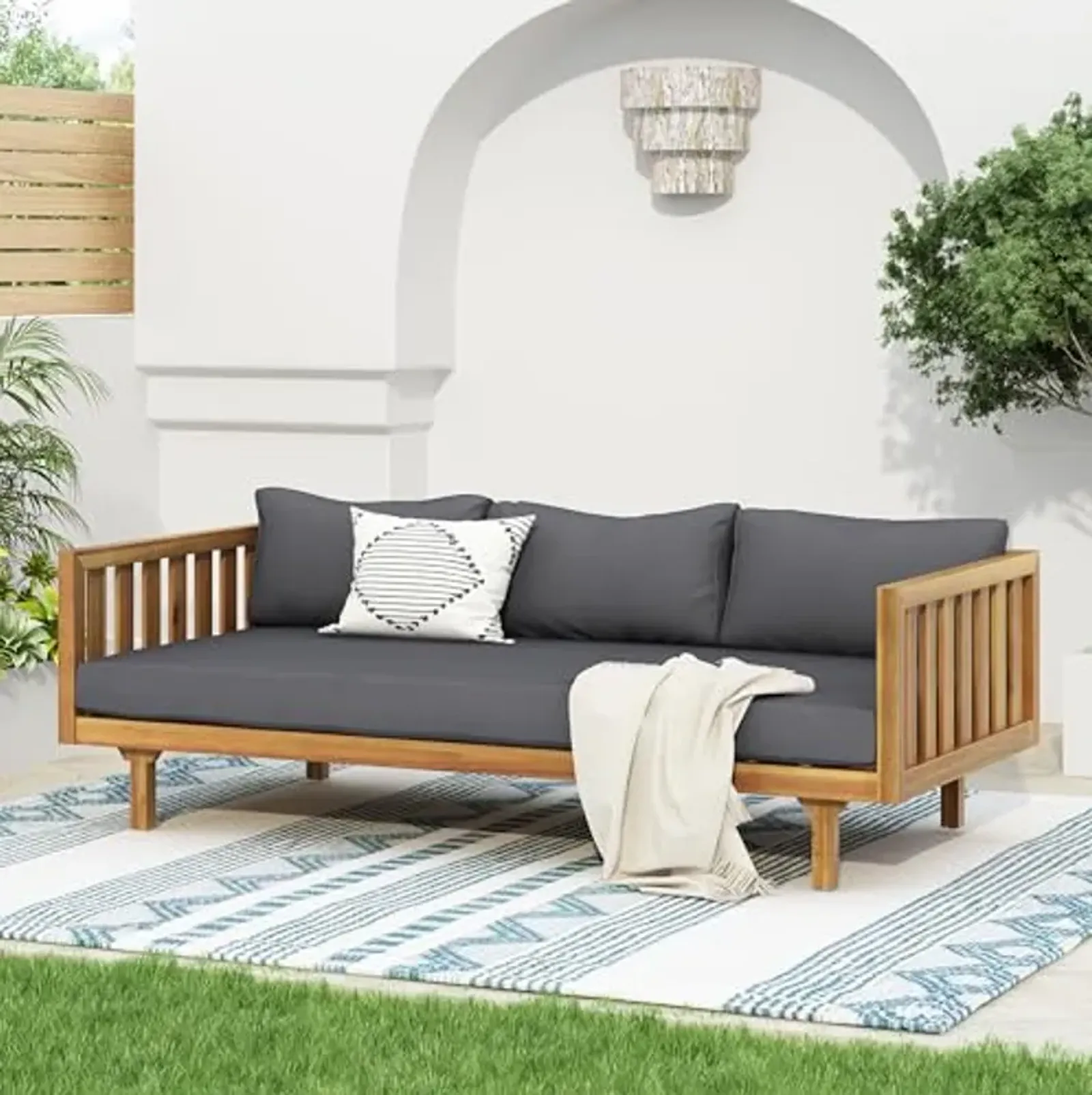 Christopher Knight Home Claremont Outdoor 3 Seater Acacia Wood Daybed with Fabric Water Resistant and Removable Cushions, Patio Garden Sofa with Slat Paneling Armrest and Back, Teak and Dark Grey