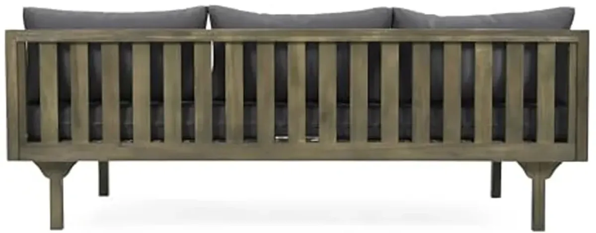 Christopher Knight Home Claremont Outdoor 3 Seater Acacia Wood Daybed with Fabric Water Resistant and Removable Cushions, Patio Garden Sofa with Slat Paneling Armrest and Back, Grey and Dark Grey