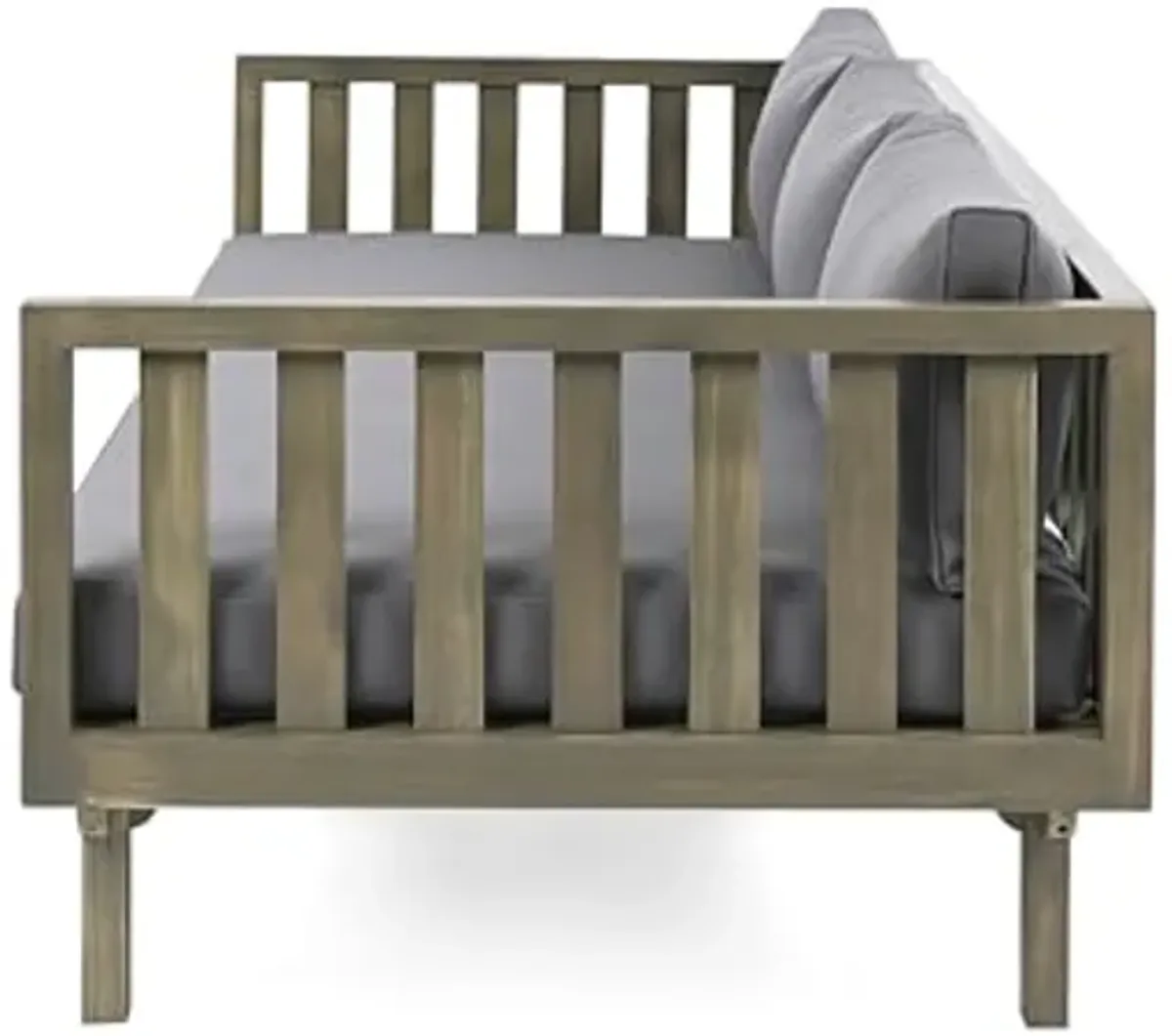 Christopher Knight Home Claremont Outdoor 3 Seater Acacia Wood Daybed with Fabric Water Resistant and Removable Cushions, Patio Garden Sofa with Slat Paneling Armrest and Back, Grey and Dark Grey