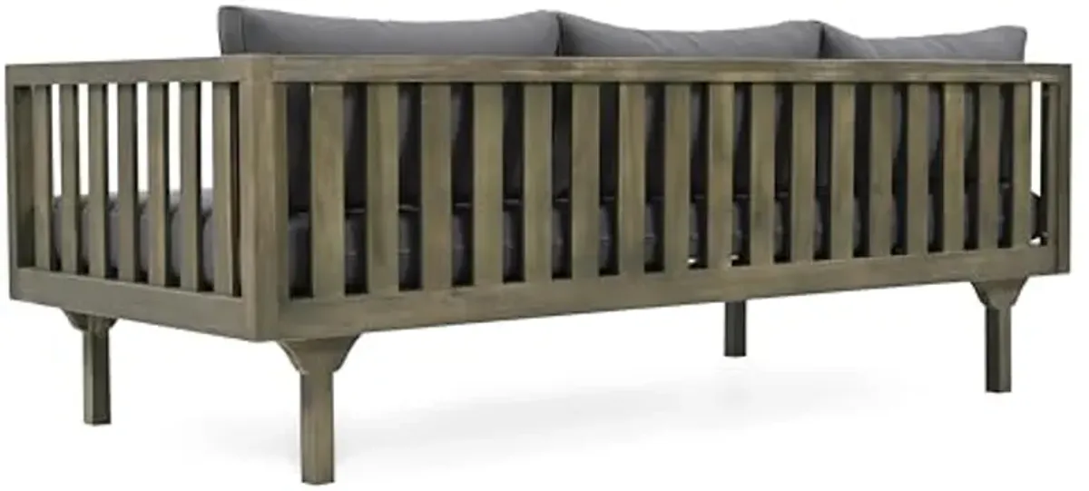 Christopher Knight Home Claremont Outdoor 3 Seater Acacia Wood Daybed with Fabric Water Resistant and Removable Cushions, Patio Garden Sofa with Slat Paneling Armrest and Back, Grey and Dark Grey