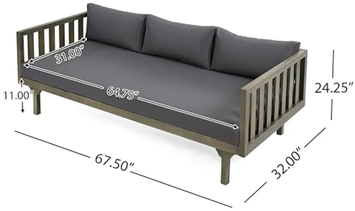 Christopher Knight Home Claremont Outdoor 3 Seater Acacia Wood Daybed with Fabric Water Resistant and Removable Cushions, Patio Garden Sofa with Slat Paneling Armrest and Back, Grey and Dark Grey