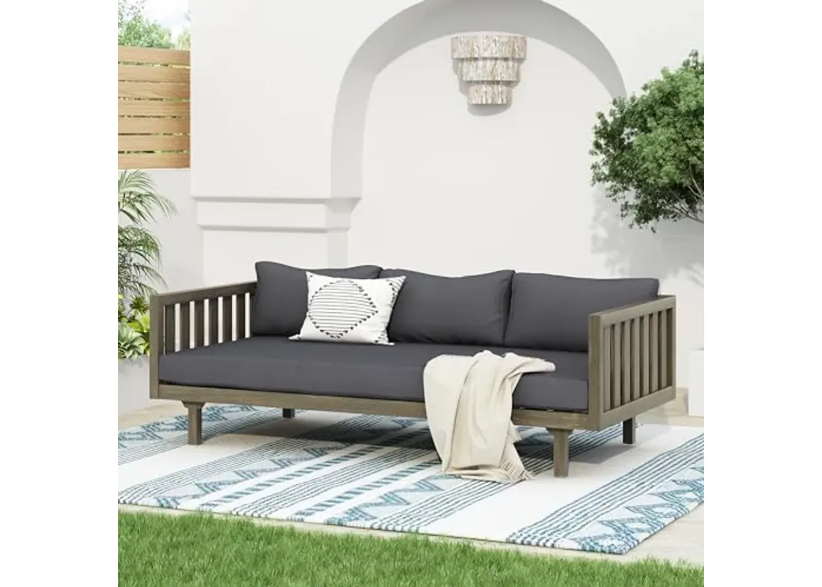 Christopher Knight Home Claremont Outdoor 3 Seater Acacia Wood Daybed with Fabric Water Resistant and Removable Cushions, Patio Garden Sofa with Slat Paneling Armrest and Back, Grey and Dark Grey