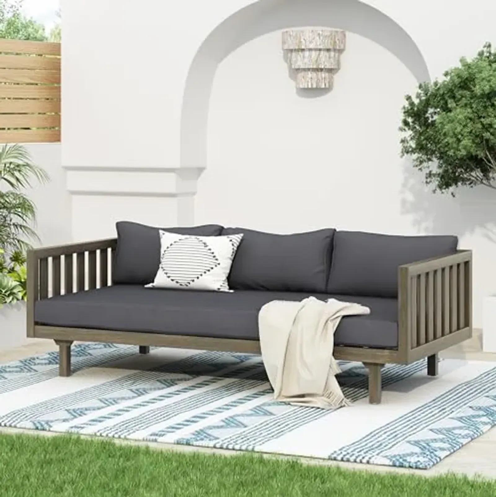 Christopher Knight Home Claremont Outdoor 3 Seater Acacia Wood Daybed with Fabric Water Resistant and Removable Cushions, Patio Garden Sofa with Slat Paneling Armrest and Back, Grey and Dark Grey