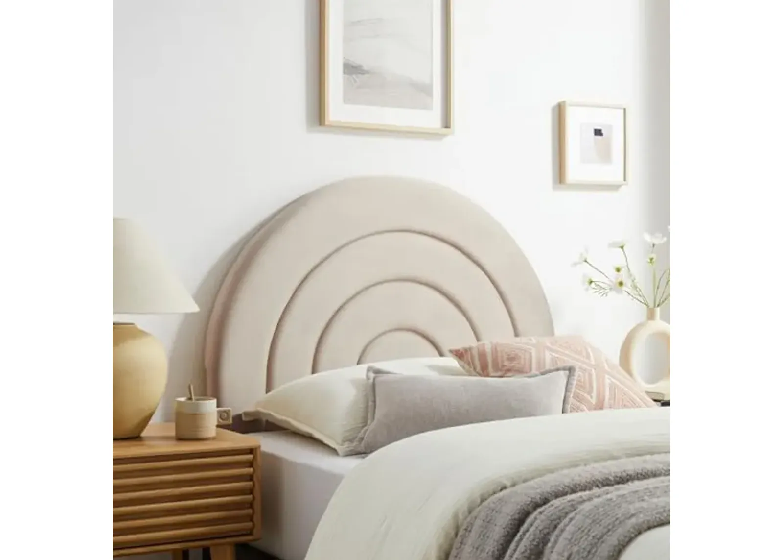 Modway Solana Soft Arch Shaped Round Twin Headboard in Almond – Upholstered Headboard – Stain-Resistant Performance Velvet Headboard for Twin Beds