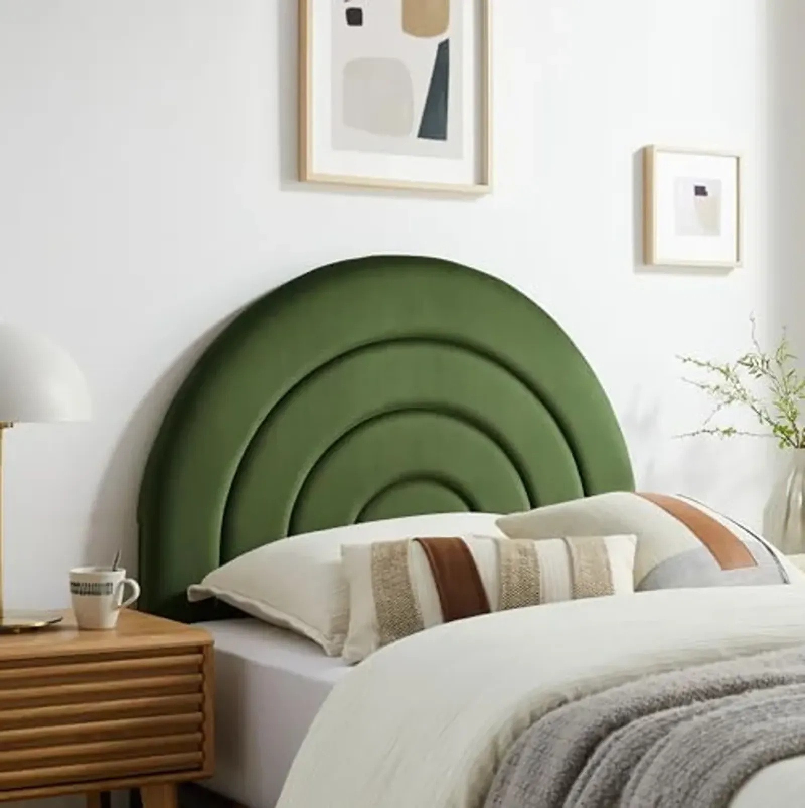 Modway Solana Soft Arch Shaped Round Twin Headboard in Moss Green – Upholstered Headboard – Stain-Resistant Performance Velvet Headboard for Twin Beds