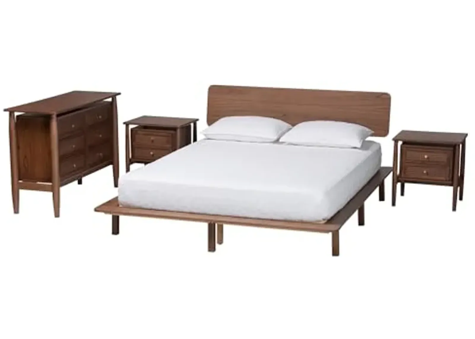 Baxton Studio Alyssa Bedroom Set with Woven Rattan, 4-Piece, Queen, Walnut Brown