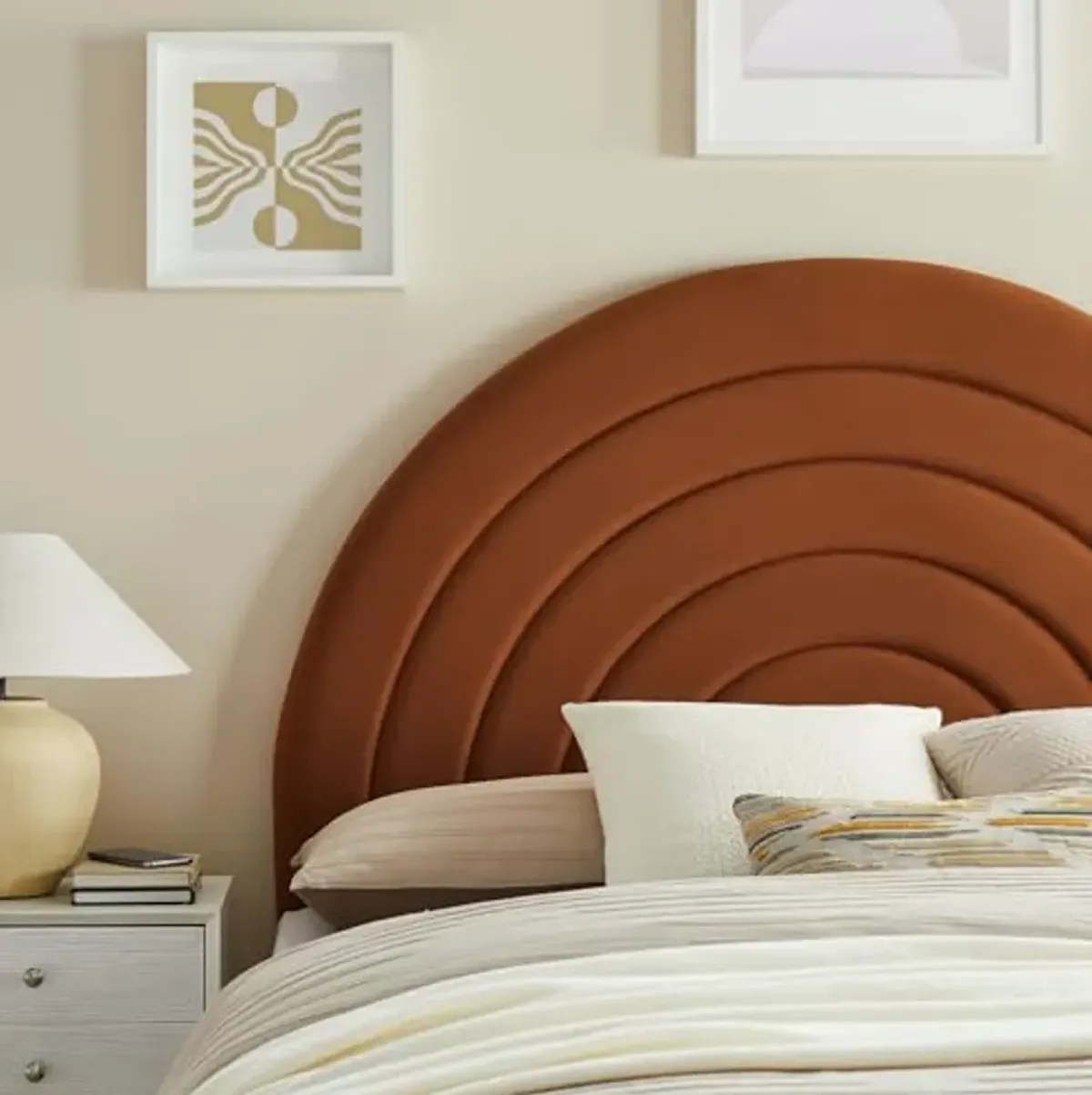 Modway Solana Soft Arch Shaped Round Queen Headboard in Rust – Upholstered Headboard – Stain-Resistant Performance Velvet Headboard for Queen Size Beds