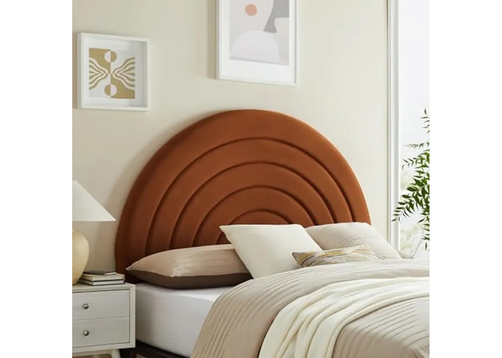 Modway Solana Soft Arch Shaped Round Queen Headboard in Rust – Upholstered Headboard – Stain-Resistant Performance Velvet Headboard for Queen Size Beds