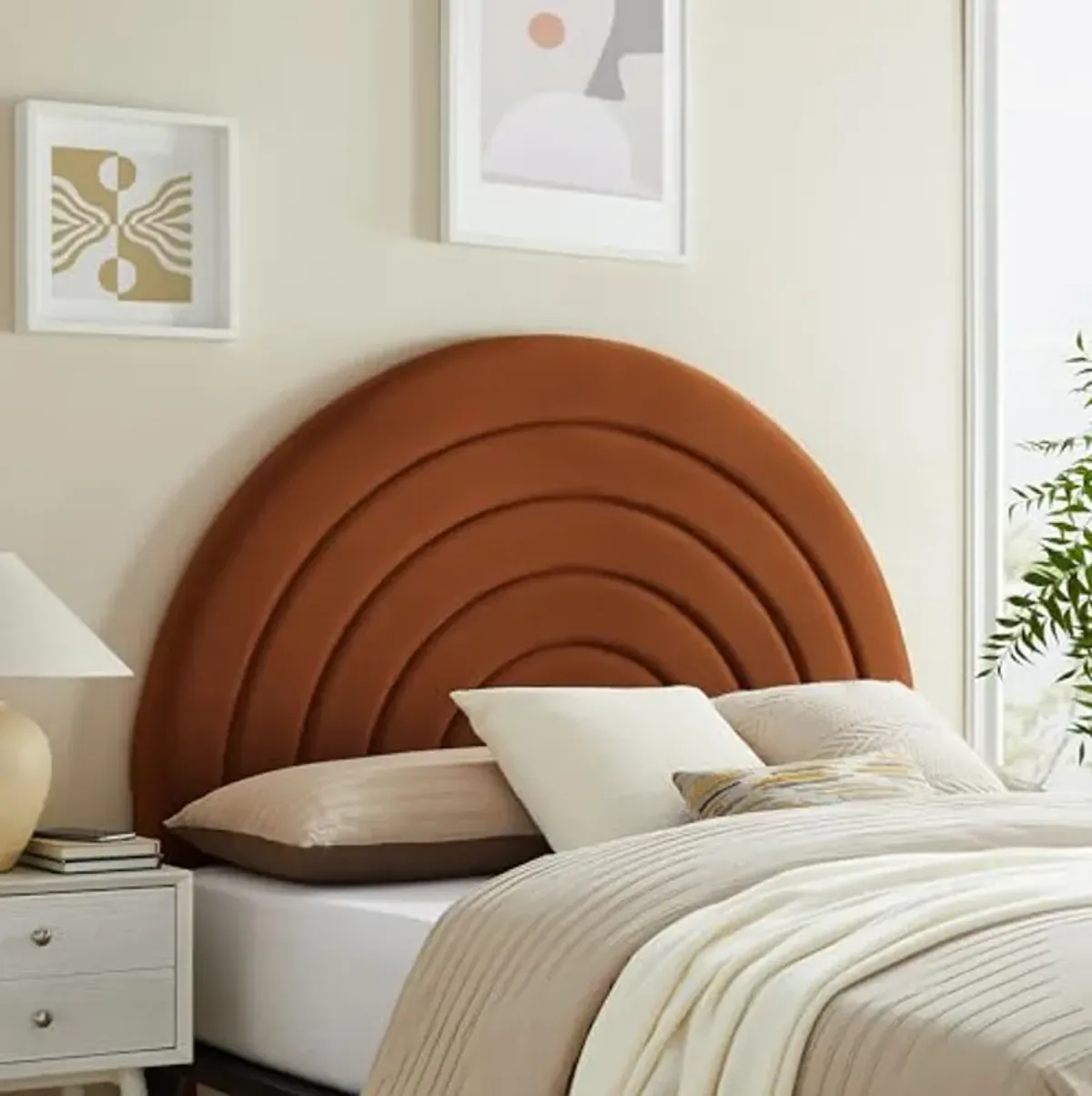 Modway Solana Soft Arch Shaped Round Queen Headboard in Rust – Upholstered Headboard – Stain-Resistant Performance Velvet Headboard for Queen Size Beds