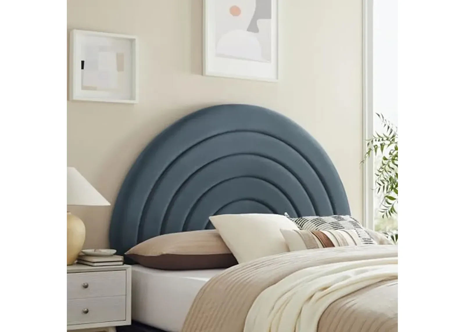 Modway Solana Soft Arch Shaped Round King Headboard in Cadet Blue – Upholstered Headboard – Stain-Resistant Performance Velvet Headboard for King Size Beds