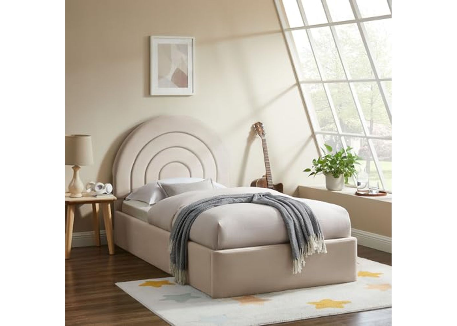 Modway Solana Twin Size Performance Velvet Platform Bed in Almond – Upholstered Bed Frame with Soft Arch Shaped Padded Headboard – Plinth Base Platform Bed Frame