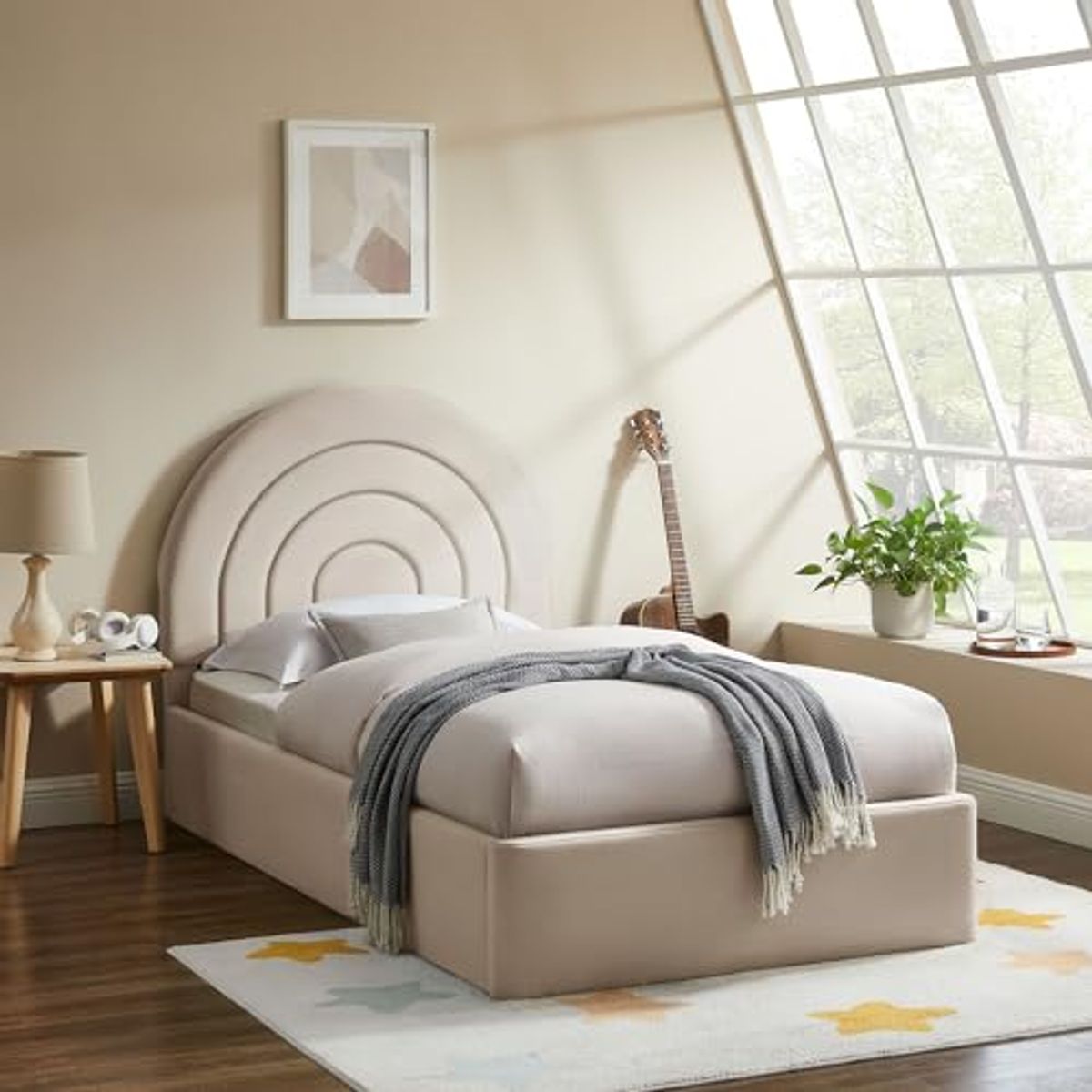 Modway Solana Twin Size Performance Velvet Platform Bed in Almond – Upholstered Bed Frame with Soft Arch Shaped Padded Headboard – Plinth Base Platform Bed Frame