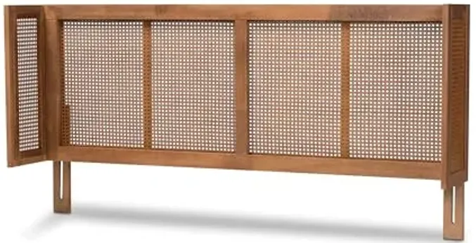 Baxton Studio Rina Mid-Century Modern Ash Wanut Finished Wood and Synthetic Rattan Queen Size Wrap-Around Headboard