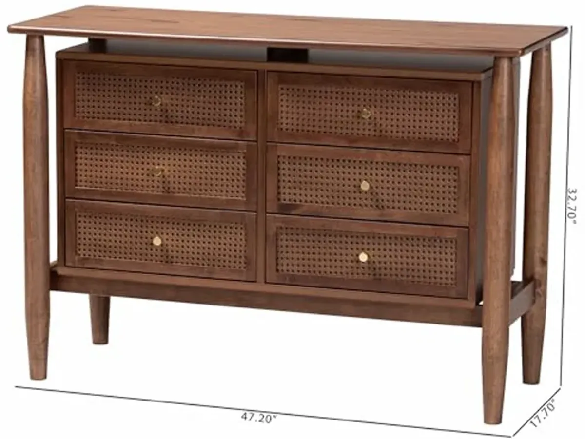 Baxton Studio Alyssa Dresser with Woven Rattan, 6-Drawer, Walnut Brown