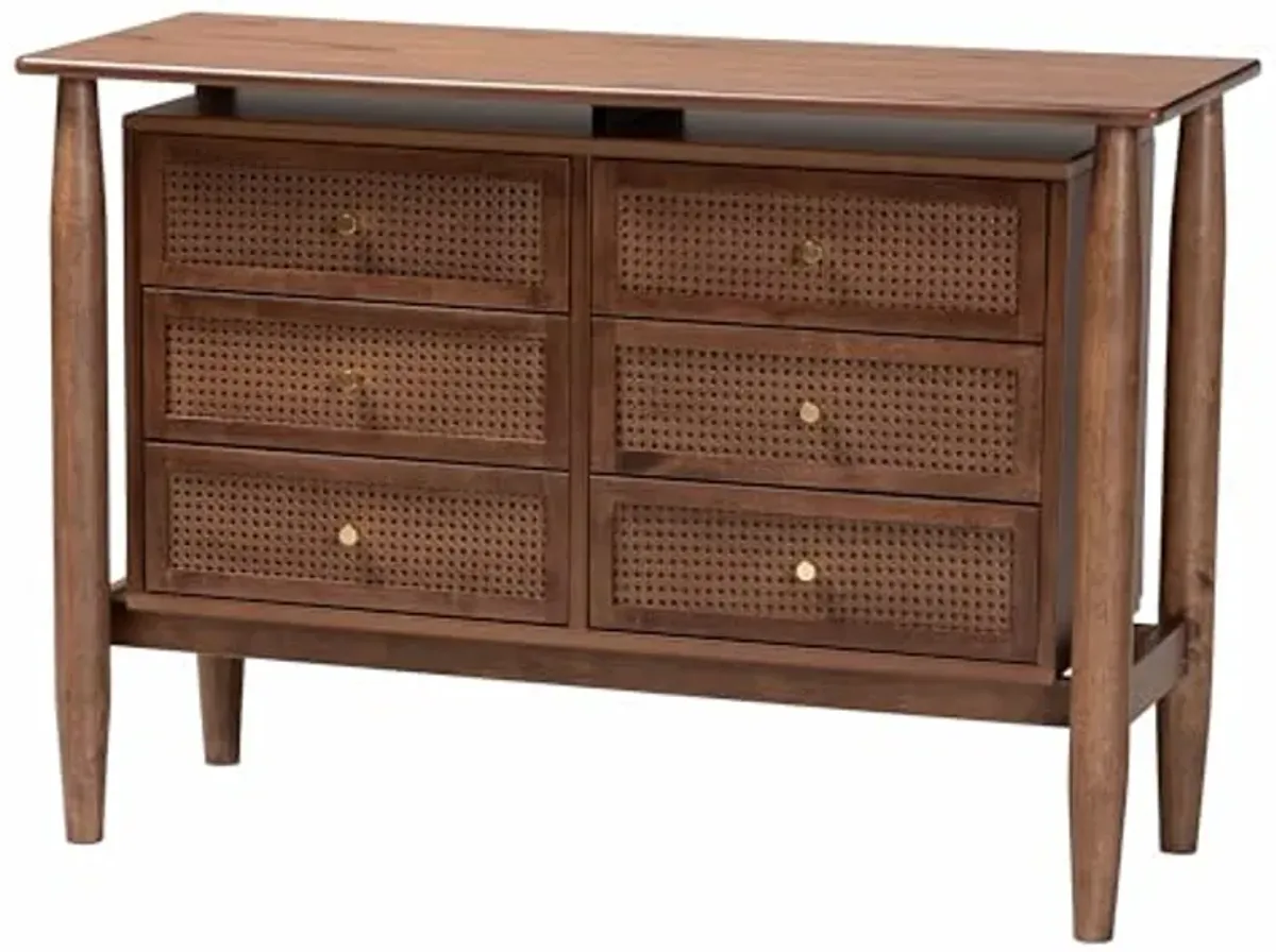 Baxton Studio Alyssa Dresser with Woven Rattan, 6-Drawer, Walnut Brown