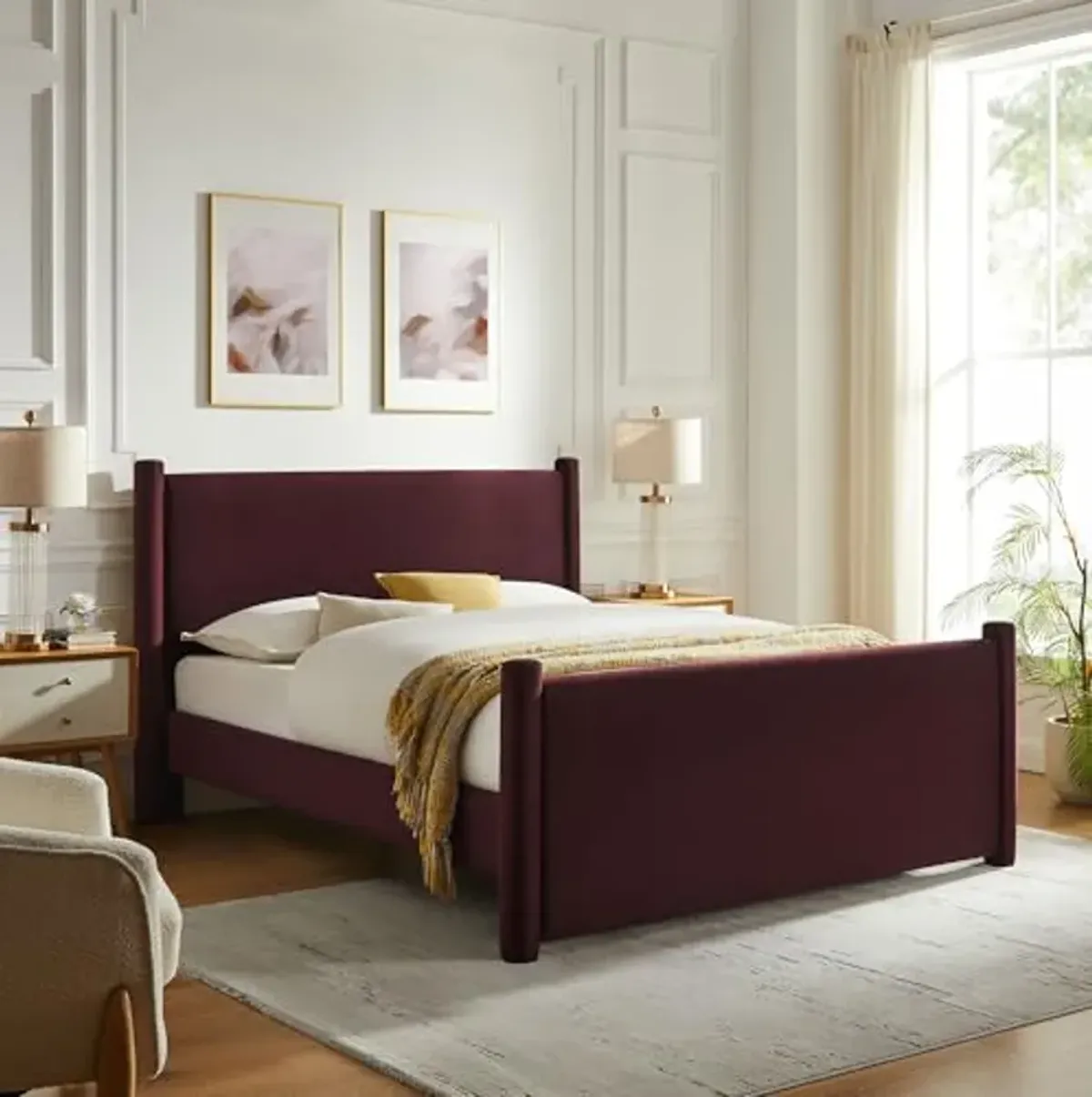 Modway Rael King Platform Bed Frame with Upholstered Headboard and Footboard in Mulberry – Stain-Resistant Performance Velvet King Size Bed with Rounded Posts