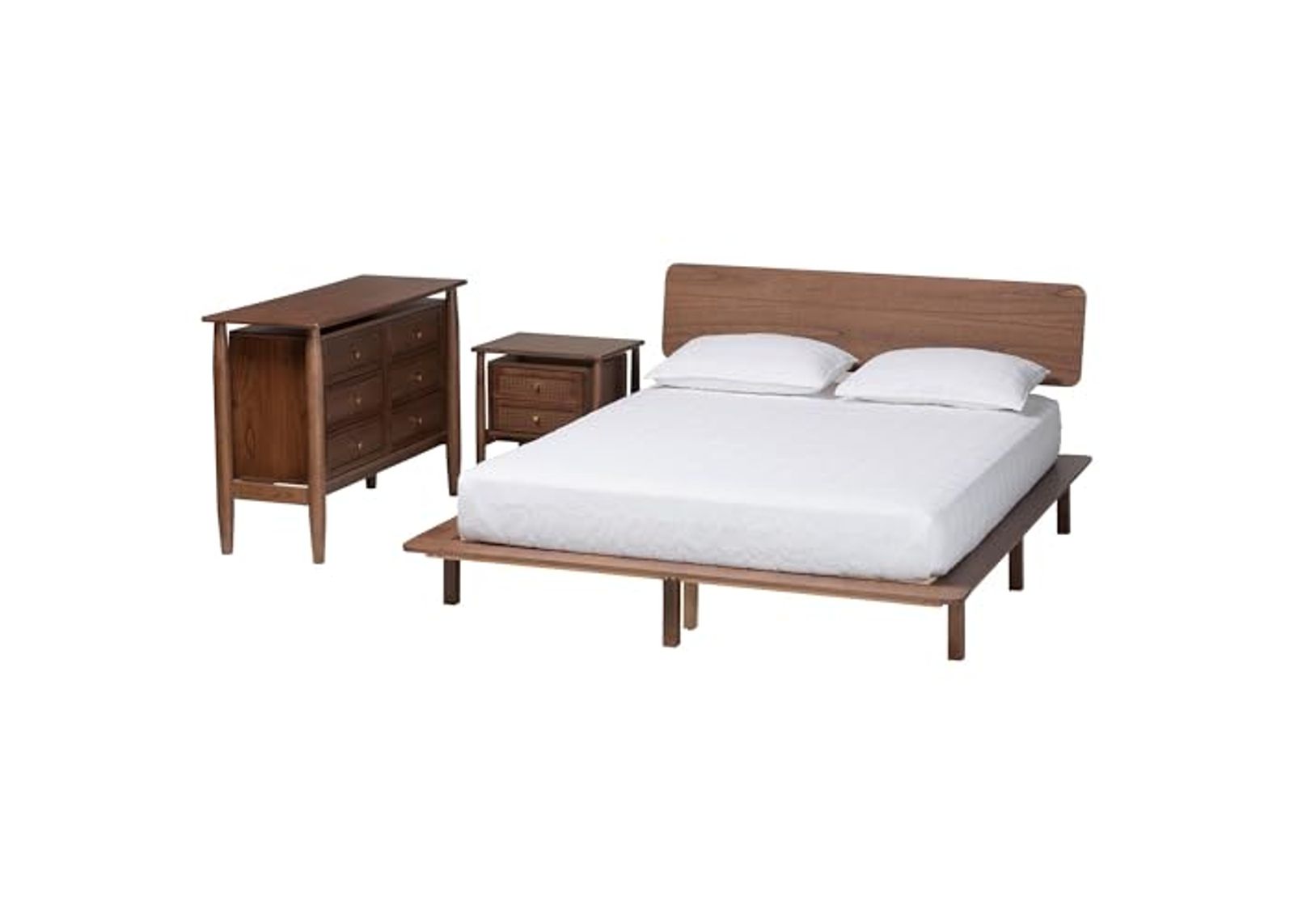 Baxton Studio Alyssa Bedroom Set with Woven Rattan, 3-Piece, King, Walnut Brown