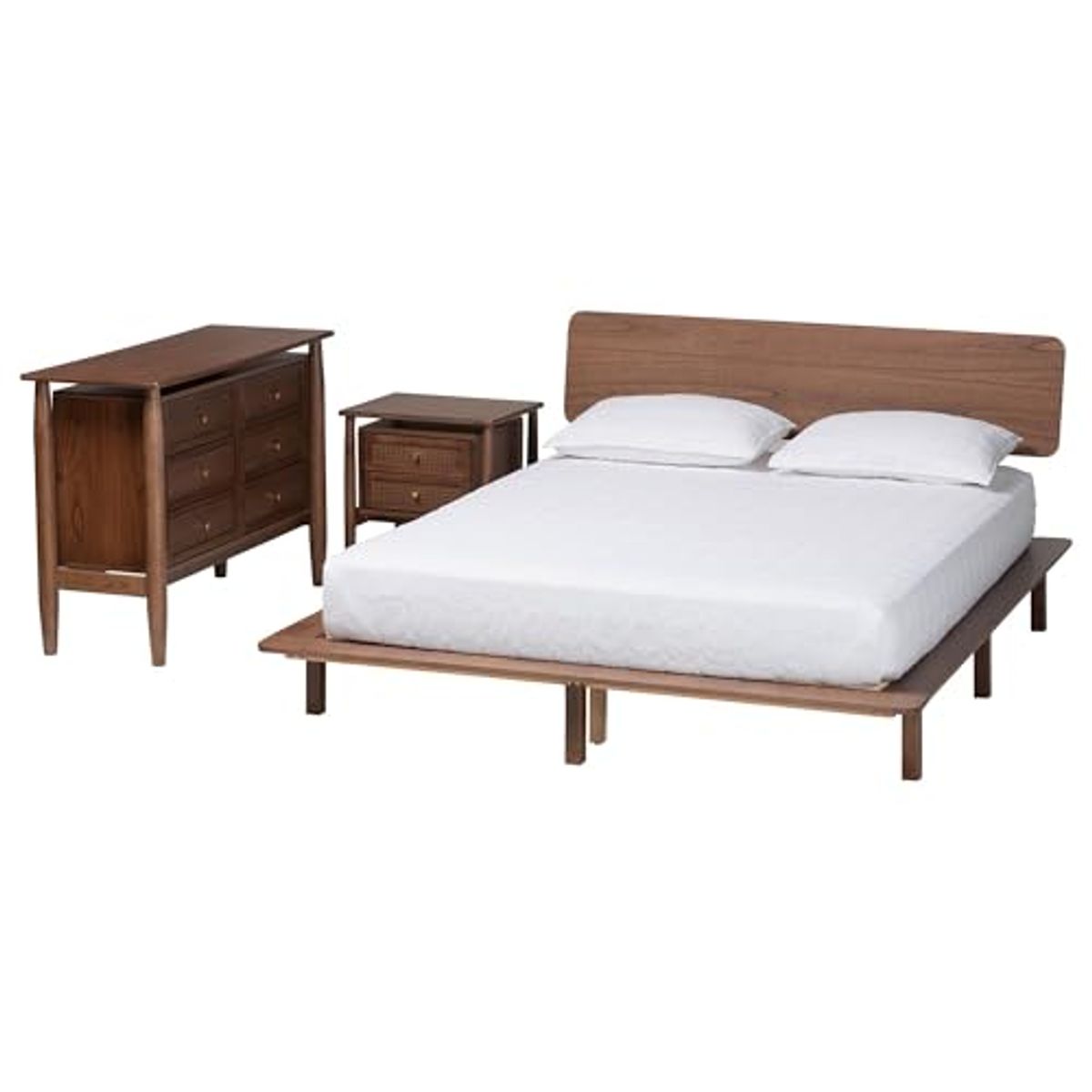 Baxton Studio Alyssa Bedroom Set with Woven Rattan, 3-Piece, King, Walnut Brown