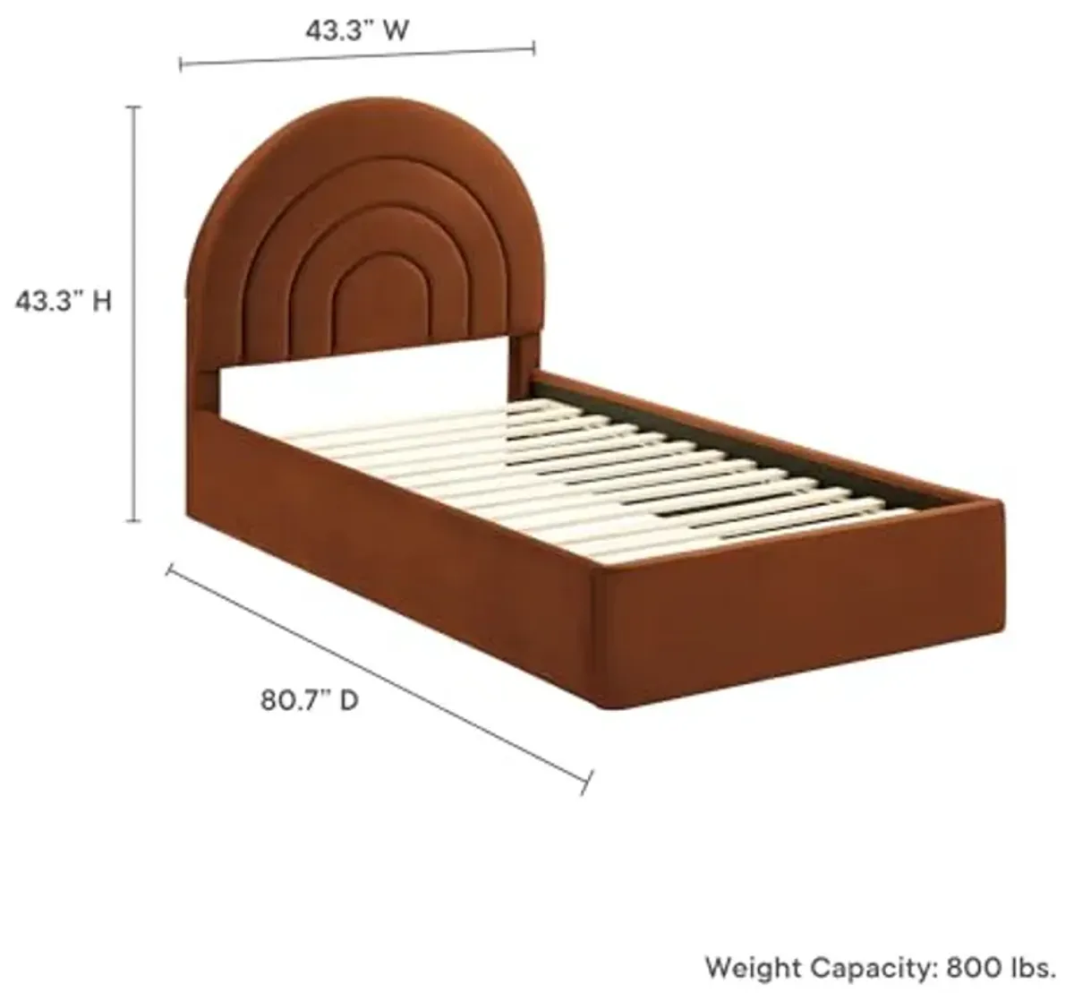 Modway Solana Twin Size Performance Velvet Platform Bed in Rust – Upholstered Bed Frame with Soft Arch Shaped Padded Headboard – Plinth Base Platform Bed Frame