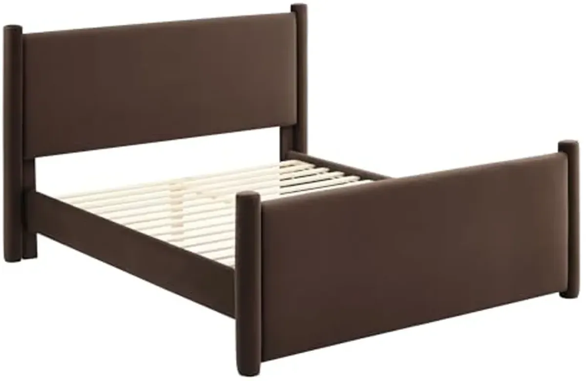 Modway Rael Full Platform Bed Frame with Upholstered Headboard and Footboard in Chocolate Brown – Stain-Resistant Performance Velvet Full Size Bed with Rounded Posts