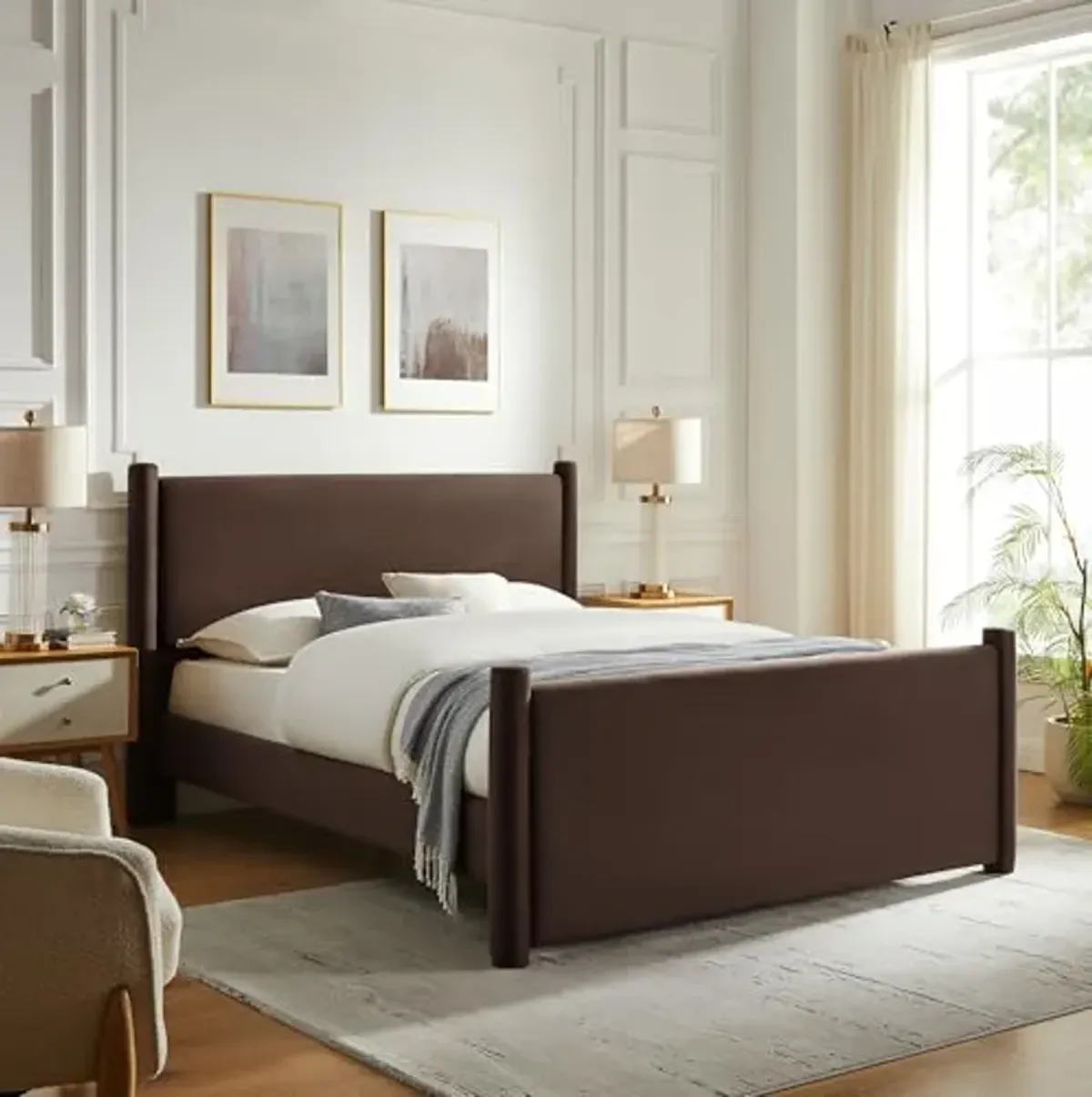 Modway Rael Full Platform Bed Frame with Upholstered Headboard and Footboard in Chocolate Brown – Stain-Resistant Performance Velvet Full Size Bed with Rounded Posts