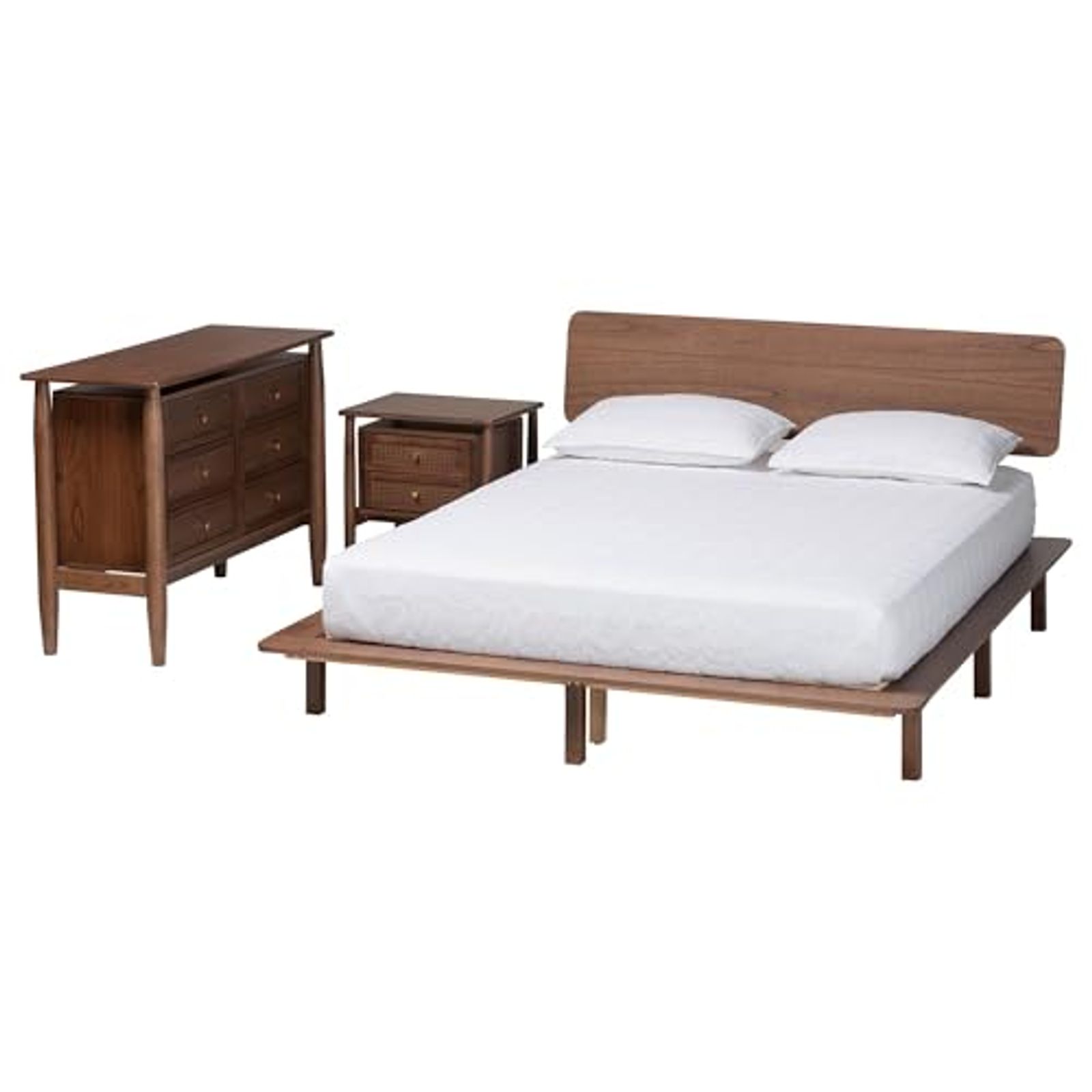 Baxton Studio Alyssa Bedroom Set with Woven Rattan, 3-Piece, Queen, Walnut Brown