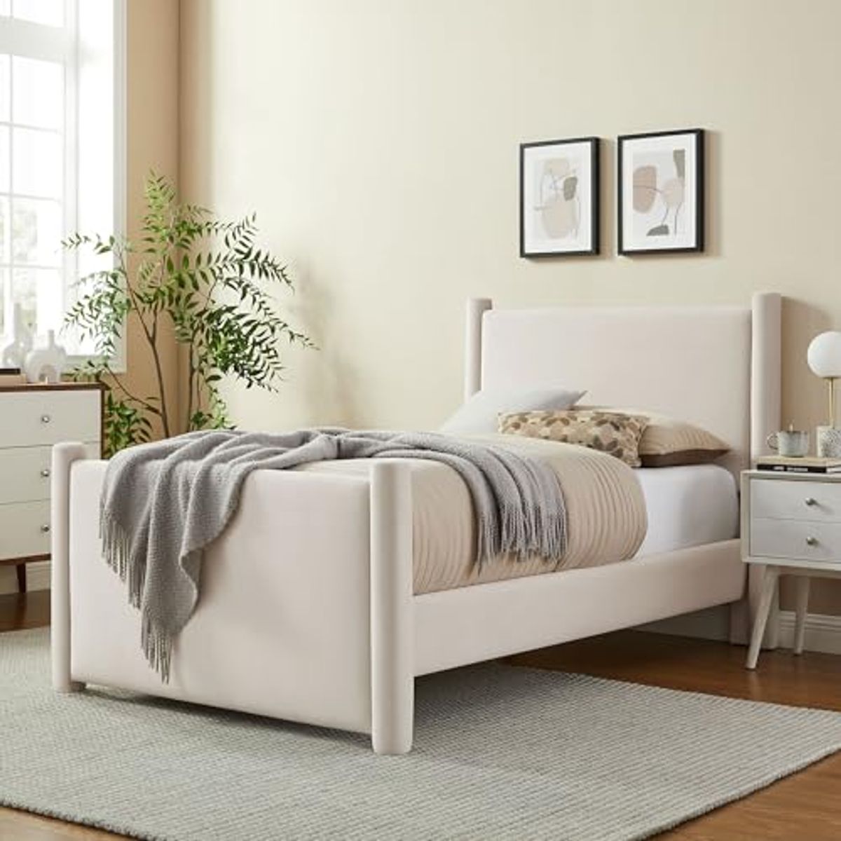 Modway Rael Twin Platform Bed Frame with Upholstered Headboard and Footboard in Alabaster