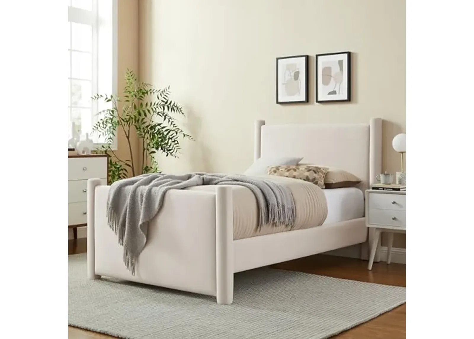 Modway Rael Twin Platform Bed Frame with Upholstered Headboard and Footboard in Alabaster